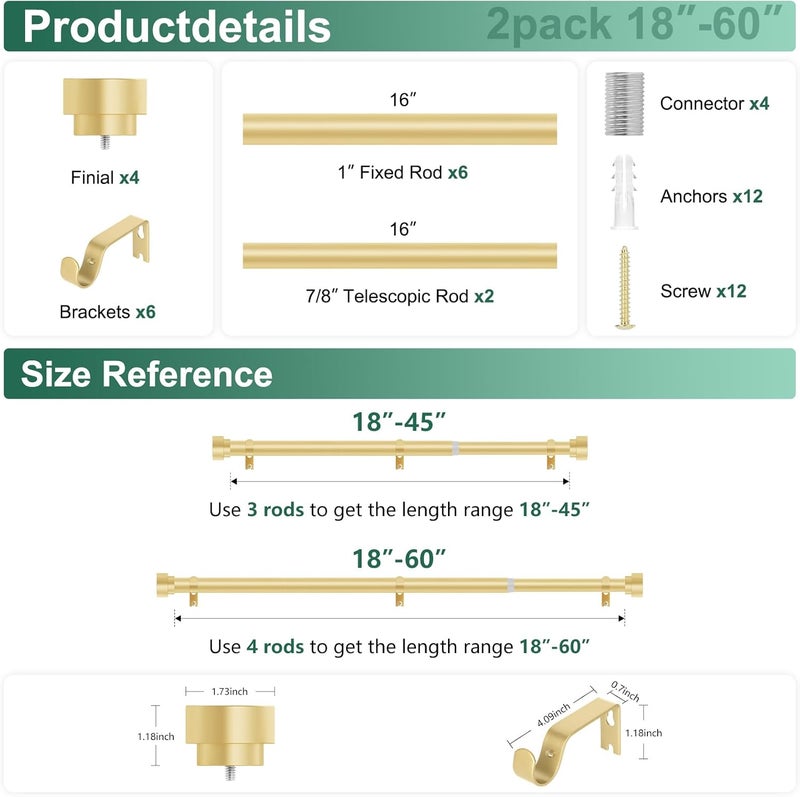 hei! dear 2 Pack Gold Curtain Rods 18 to 60 Inch(1.5-5ft), 1 Inch Heavy Duty, Modern Decorative, Telescoping Window Curtains Rods, Brass Gold - Image 5
